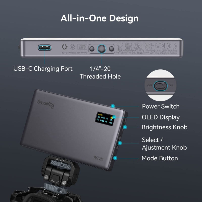 SmallRig RM120 RGB Video Light, 5000mAh 180 Minutes Portable Camera Light 7W Output Power, LED Video Light Panel, 2500-8500K CRI TLCI 98+ for TikTok, Content Creator, Photographer - Image 3