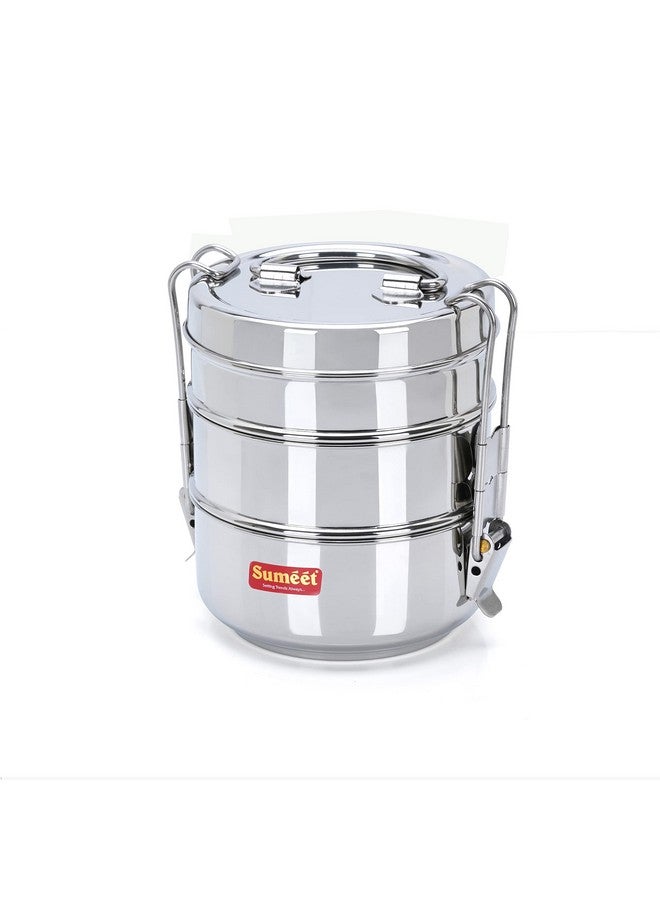 Sumeet Sumeet Stainless Steel 3 Compartment Lunch Box/Tiffin with Lid and Handle, 11.5Cm Dia, (1500ML, Silver)  - Image 1