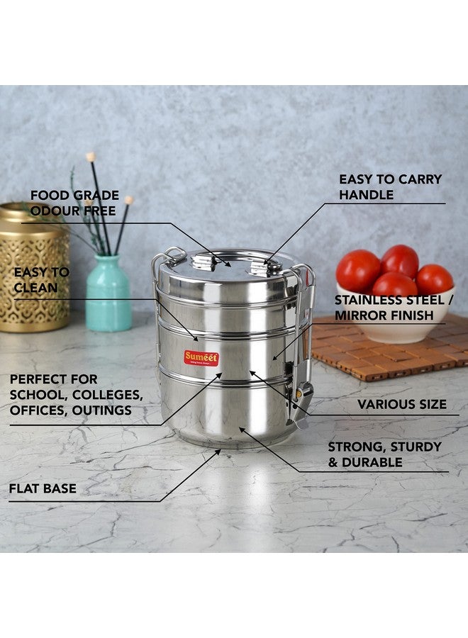 Sumeet Sumeet Stainless Steel 3 Compartment Lunch Box/Tiffin with Lid and Handle, 11.5Cm Dia, (1500ML, Silver)  - Image 2