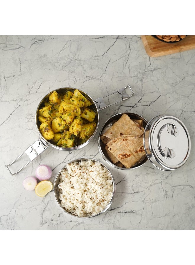 Sumeet Sumeet Stainless Steel 3 Compartment Lunch Box/Tiffin with Lid and Handle, 11.5Cm Dia, (1500ML, Silver)  - Image 3