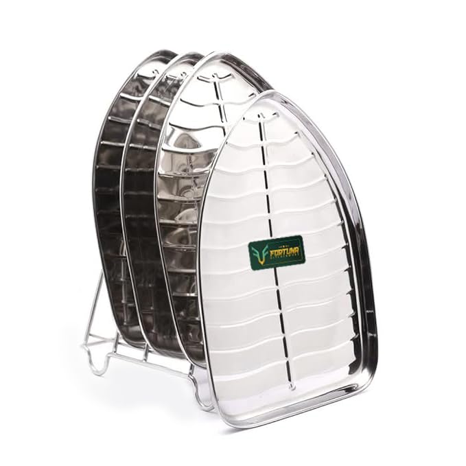 FORTUNA KITCHENWARE Stainless Steel Banana Leaf Dinner Plates Set of 4 13 x 925 Inches 320g Traditional Pooja South Indian Thali Plate for Rice Meals Home Temple Use - Image 1
