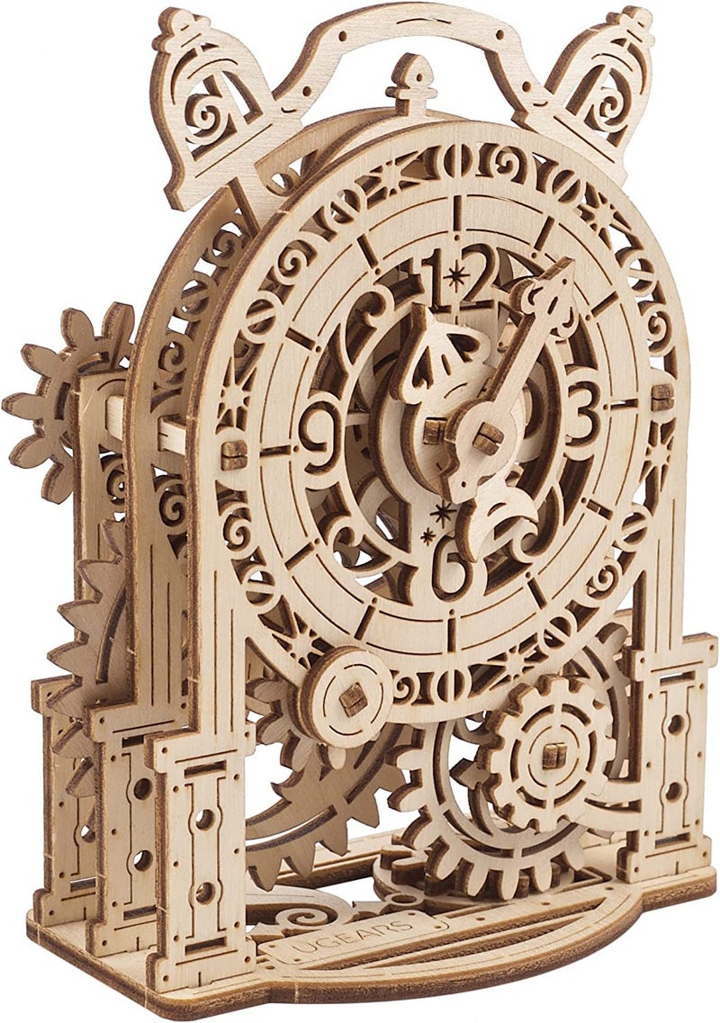 UGEARS Vintage Alarm Clock 3D Puzzle - Wooden Model Kit for Adults to Build - Mechanical Model Desk Clock Making Kit - 3D Jigsaw Puzzle Wood Toy Clock - DIY Brain Teaser Puzzle Construction Set - Image 1