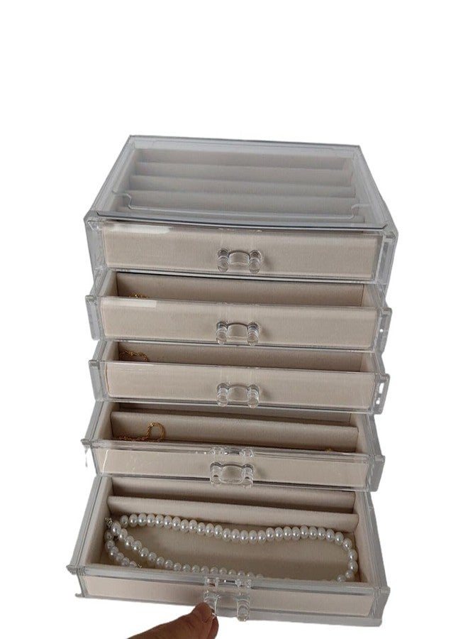 Jilukibo Clear Necklace Holder Organizer, 5-Layer Dustproof Acrylic Pendant Display Storage Case with Lid, Velvet Jewelry Box with Adjustable 25 Compartments, Necklace Tray Drawer for Earring Chains (Beige) - Image 4