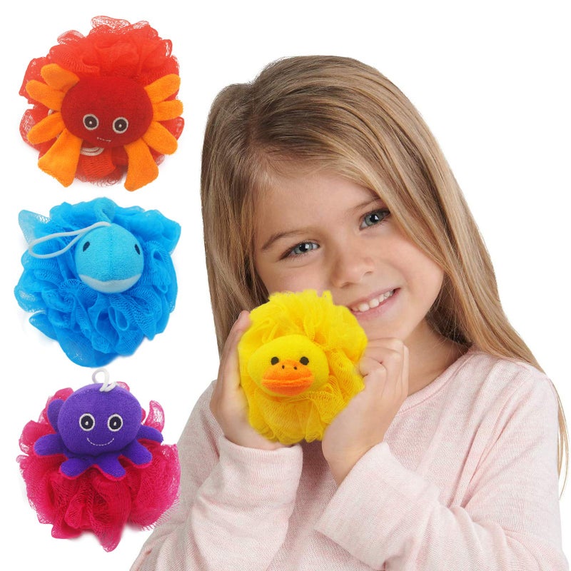 Bleu Bath (4 Pack) Lovely Animal Design Kids Exfoliating Bath Scrubber Body Scrubber Shower Ball for Baby Toddler Kids Gentle Exfoliating Bath Sponge Loofah Pouf in Colorful Design - Image 2