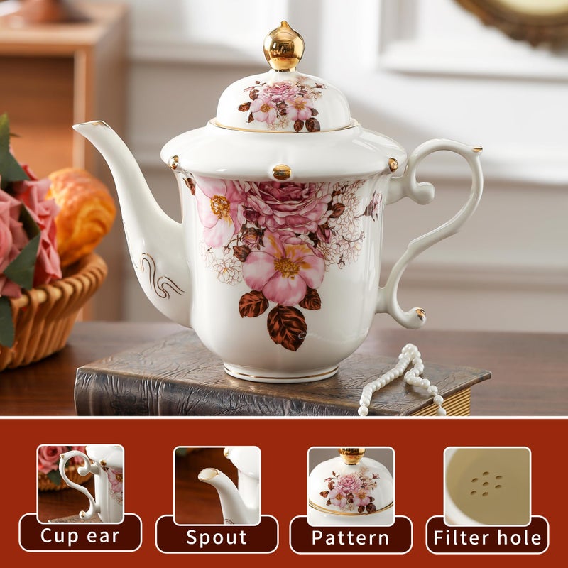 TATSUMI Country Roses Porcelain Tea Set, European Ceramic tea set for adults,Vintage Style, For Women and Tea Parties (Chocolate Red, 21 Pieces Set) - Image 5