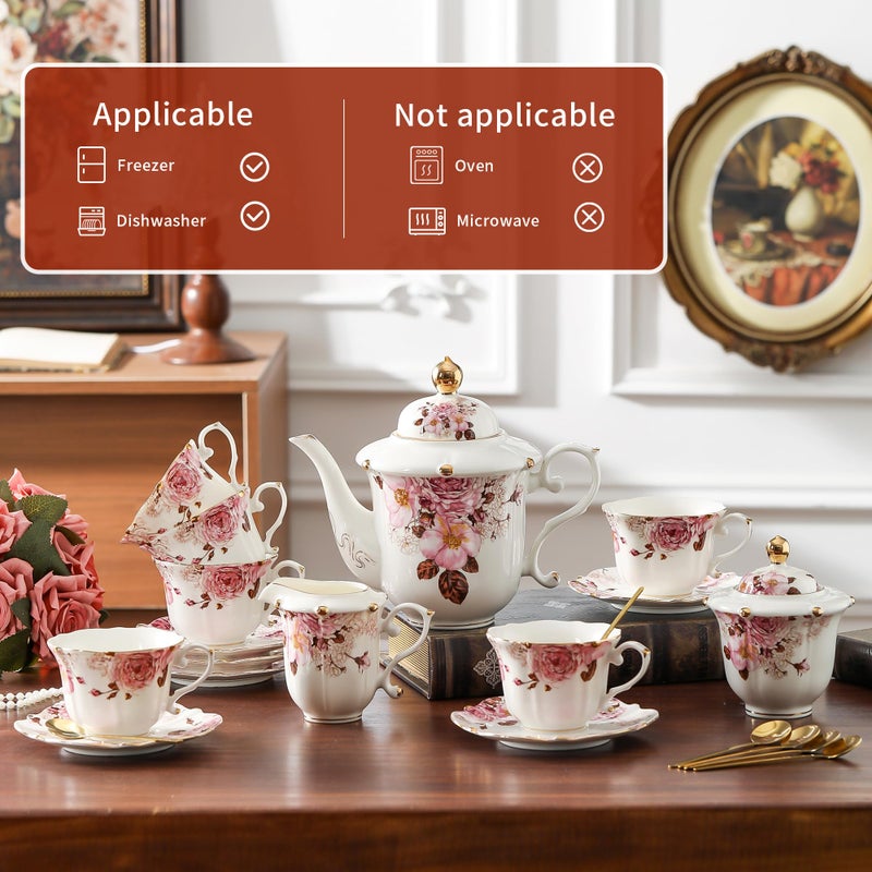 TATSUMI Country Roses Porcelain Tea Set, European Ceramic tea set for adults,Vintage Style, For Women and Tea Parties (Chocolate Red, 21 Pieces Set) - Image 4
