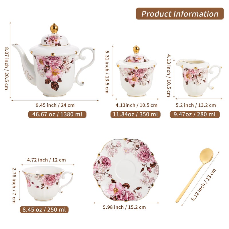TATSUMI Country Roses Porcelain Tea Set, European Ceramic tea set for adults,Vintage Style, For Women and Tea Parties (Chocolate Red, 21 Pieces Set) - Image 2