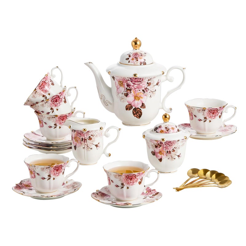 TATSUMI Country Roses Porcelain Tea Set, European Ceramic tea set for adults,Vintage Style, For Women and Tea Parties (Chocolate Red, 21 Pieces Set) - Image 1