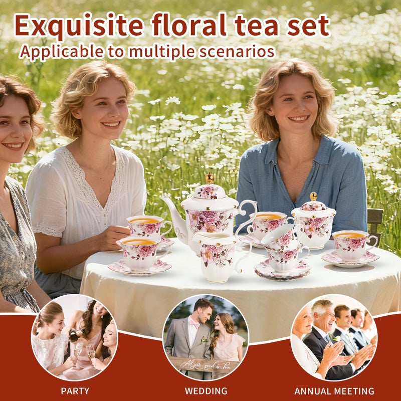TATSUMI Country Roses Porcelain Tea Set, European Ceramic tea set for adults,Vintage Style, For Women and Tea Parties (Chocolate Red, 21 Pieces Set) - Image 3
