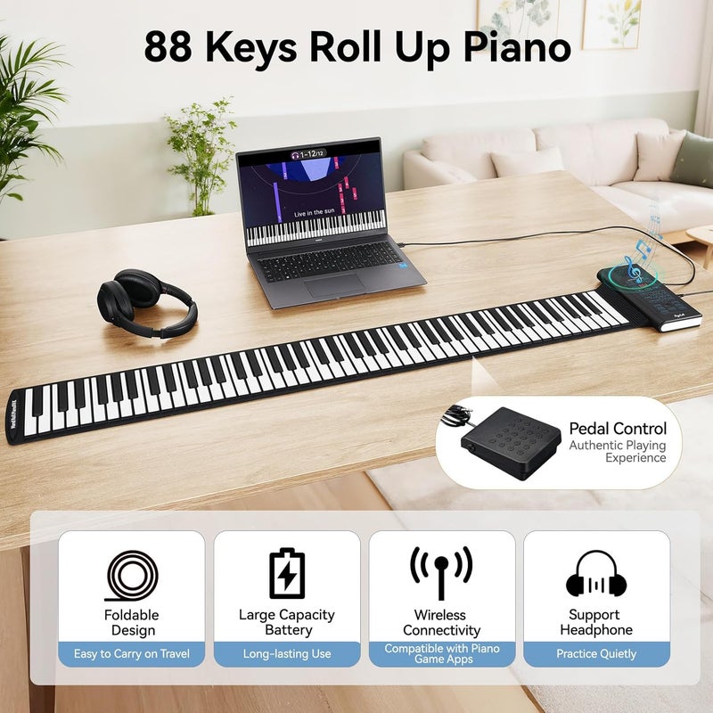 POGOLAB 88 Keys Roll Up Keyboard Piano, Portable Electric Foldable Piano with Sustain Pedal, 20 Songs, 128 Tones, 128 Rhythms, Rechargeable & Wireless BT, Music Gift for Beginners (with LED Display) - Image 2