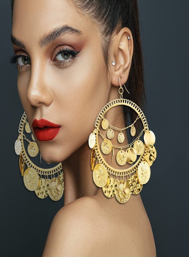 ريشيك جو أقراط متدلية كبيرة الحجم بتصميم بانجارا كوتشي، لون ذهبي، زوج واحد، مصنوعة من عملات معدنية قبلية نادرة عتيقة، بنمط بوهيمي غجري، طولها 3.9 بوصة، وزنها 30 غرامًا للقطعة. - Image 2