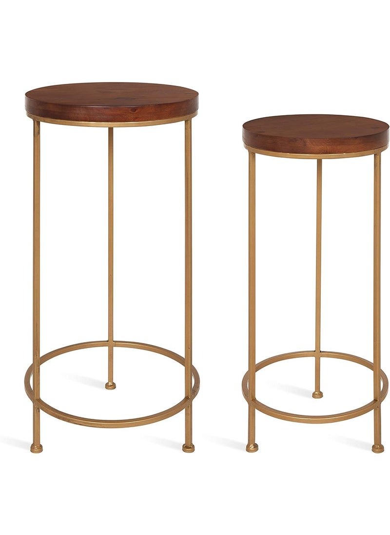 Generic Indian Decor RW705 Metal and Wood Nesting Tables 2 Piece Set Walnut Top with Gold Base  - Image 1