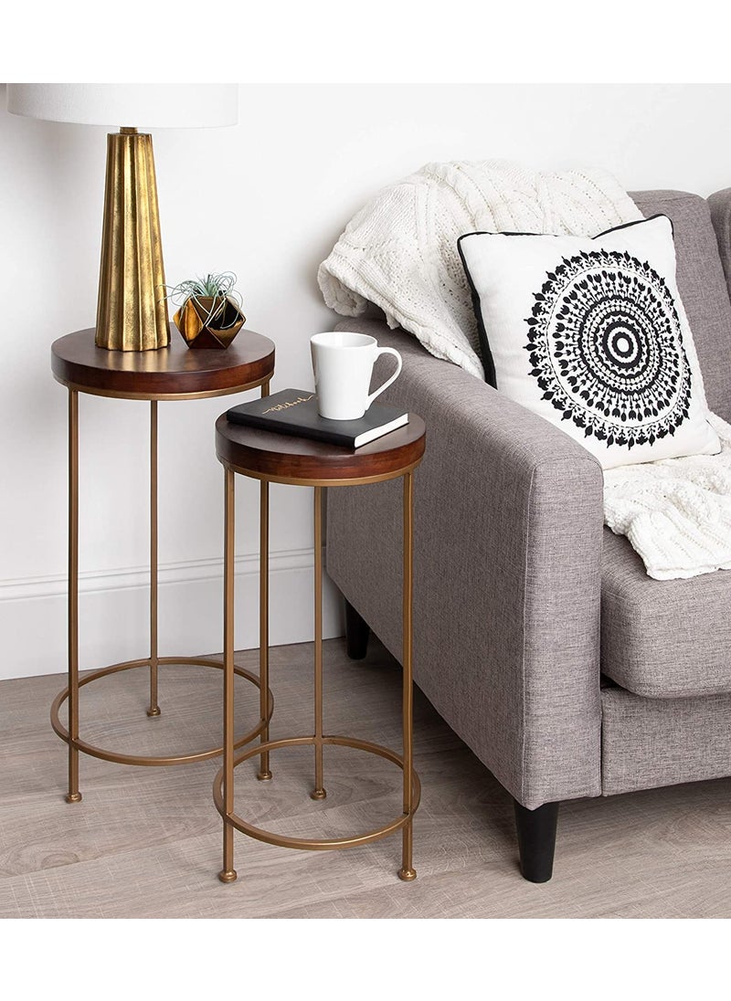Generic Indian Decor RW705 Metal and Wood Nesting Tables 2 Piece Set Walnut Top with Gold Base  - Image 2
