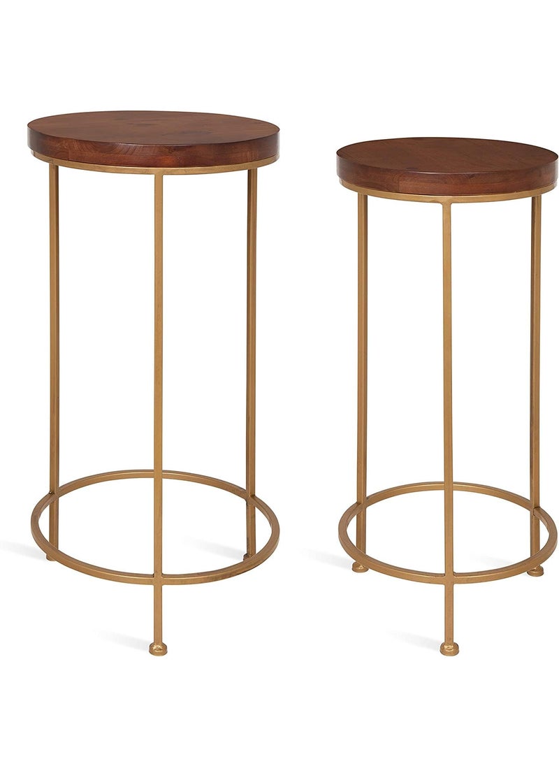 Generic Indian Decor RW705 Metal and Wood Nesting Tables 2 Piece Set Walnut Top with Gold Base  - Image 4