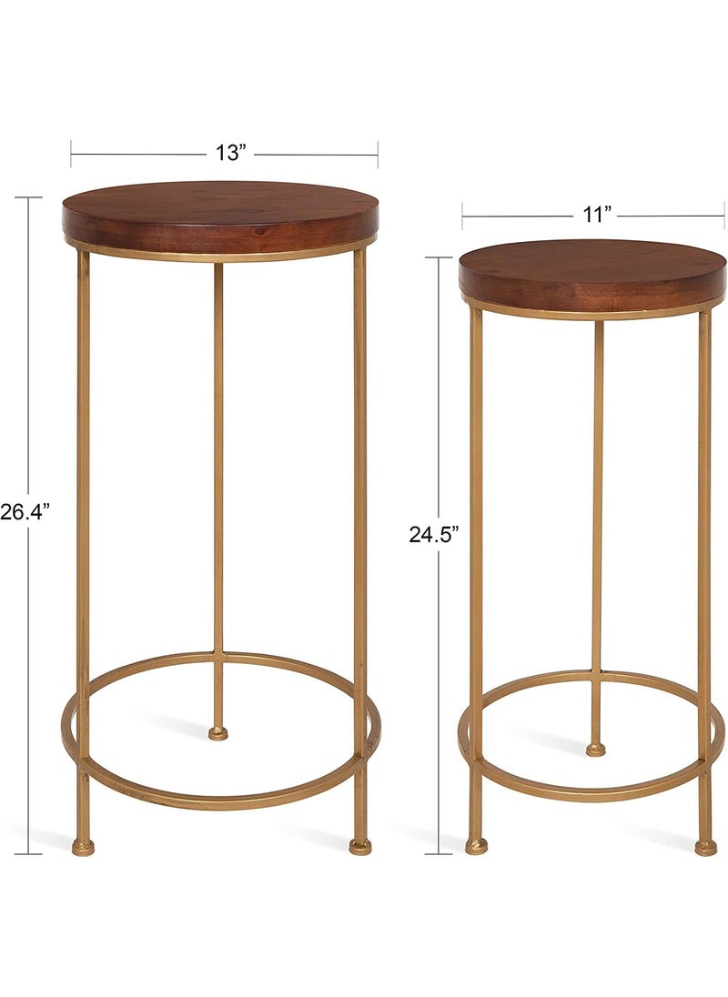 Generic Indian Decor RW705 Metal and Wood Nesting Tables 2 Piece Set Walnut Top with Gold Base  - Image 3