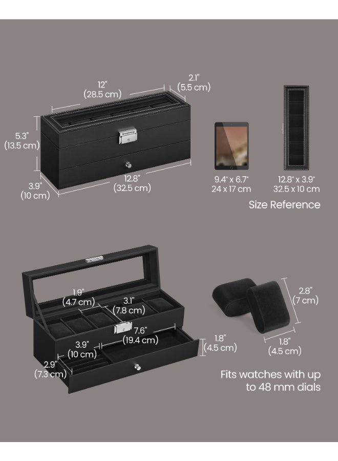SONGMICS Watch Box, Watch Case with Glass Lid, 2-Tier Watch Display Case for 6 Watches, Lockable, 1 Drawer, for Rings, Bracelets, Gift Idea, Black Synthetic Leather, Black Lining - Image 5