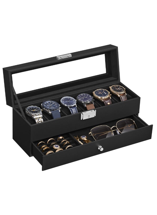 SONGMICS Watch Box, Watch Case with Glass Lid, 2-Tier Watch Display Case for 6 Watches, Lockable, 1 Drawer, for Rings, Bracelets, Gift Idea, Black Synthetic Leather, Black Lining - Image 1