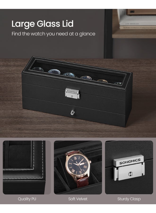SONGMICS Watch Box, Watch Case with Glass Lid, 2-Tier Watch Display Case for 6 Watches, Lockable, 1 Drawer, for Rings, Bracelets, Gift Idea, Black Synthetic Leather, Black Lining - Image 3