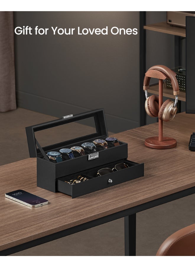 SONGMICS Watch Box, Watch Case with Glass Lid, 2-Tier Watch Display Case for 6 Watches, Lockable, 1 Drawer, for Rings, Bracelets, Gift Idea, Black Synthetic Leather, Black Lining - Image 2