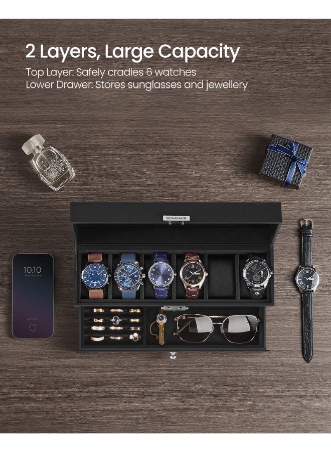 SONGMICS Watch Box, Watch Case with Glass Lid, 2-Tier Watch Display Case for 6 Watches, Lockable, 1 Drawer, for Rings, Bracelets, Gift Idea, Black Synthetic Leather, Black Lining - Image 4