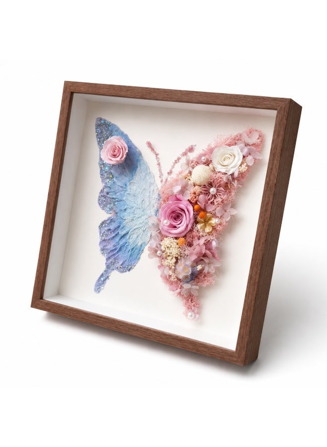 Pink and Blue Butterfly Preserved Flower Wall Art | 11x11 Inch Wooden Frame | Lasts 3-5 Years | Handmade Home Decor Gift for Valentine's Day, Birthday, Wedding & Anniversary - Image 1