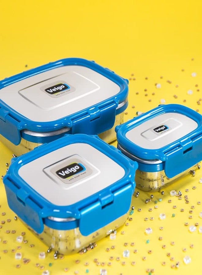 Veigo Steel Lunch Boxes for Office Men, Tiffin Box for Office Men, Lunch Box for Kids | 1140 ml Capacity | Includes 630 ml, 330 ml, and 180 ml Containers | Leakproof & Airtight | Dark Blue - Image 3