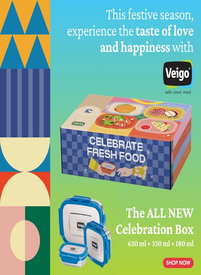 Veigo Steel Lunch Boxes for Office Men, Tiffin Box for Office Men, Lunch Box for Kids | 1140 ml Capacity | Includes 630 ml, 330 ml, and 180 ml Containers | Leakproof & Airtight | Dark Blue - Image 4