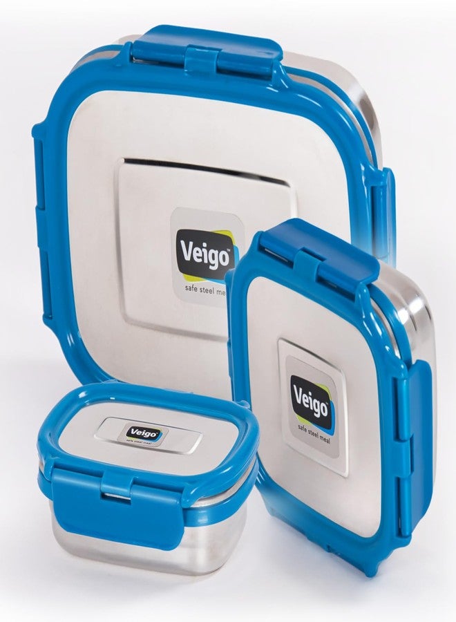 Veigo Steel Lunch Boxes for Office Men, Tiffin Box for Office Men, Lunch Box for Kids | 1140 ml Capacity | Includes 630 ml, 330 ml, and 180 ml Containers | Leakproof & Airtight | Dark Blue - Image 1