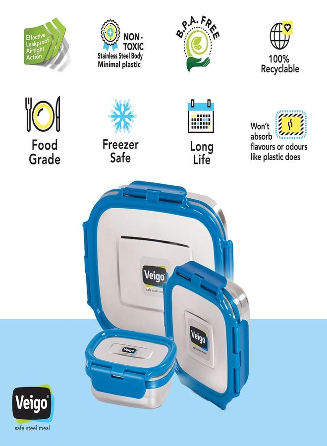 Veigo Steel Lunch Boxes for Office Men, Tiffin Box for Office Men, Lunch Box for Kids | 1140 ml Capacity | Includes 630 ml, 330 ml, and 180 ml Containers | Leakproof & Airtight | Dark Blue - Image 5