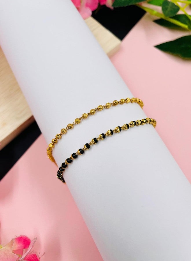 JHB Golden Gold-Plated Brass Bracelet 2 pis Combo for Women (Golden Bead Bracelet + Black Bead Hand Mangalsutra Bracelet) - Image 4