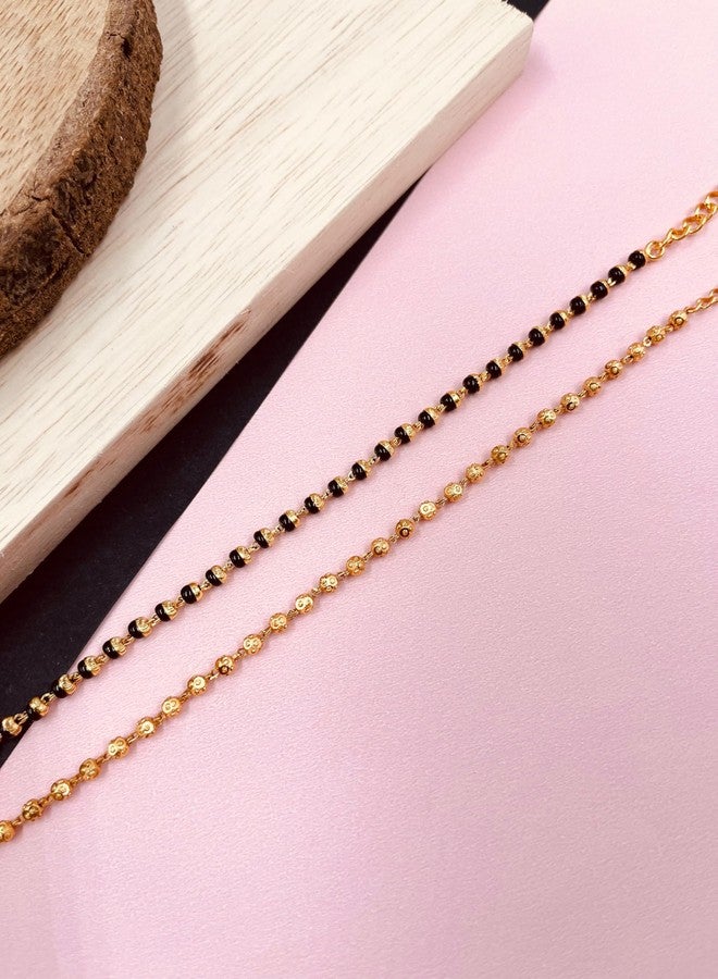 JHB Golden Gold-Plated Brass Bracelet 2 pis Combo for Women (Golden Bead Bracelet + Black Bead Hand Mangalsutra Bracelet) - Image 5