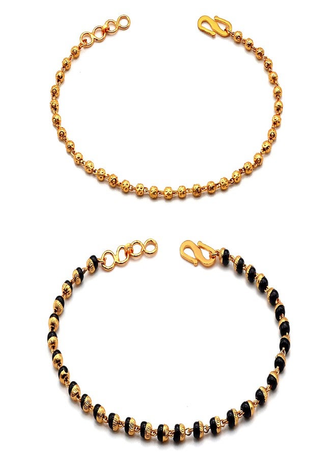 JHB Golden Gold-Plated Brass Bracelet 2 pis Combo for Women (Golden Bead Bracelet + Black Bead Hand Mangalsutra Bracelet) - Image 1