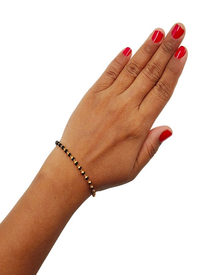 JHB Golden Gold-Plated Brass Bracelet 2 pis Combo for Women (Golden Bead Bracelet + Black Bead Hand Mangalsutra Bracelet) - Image 3