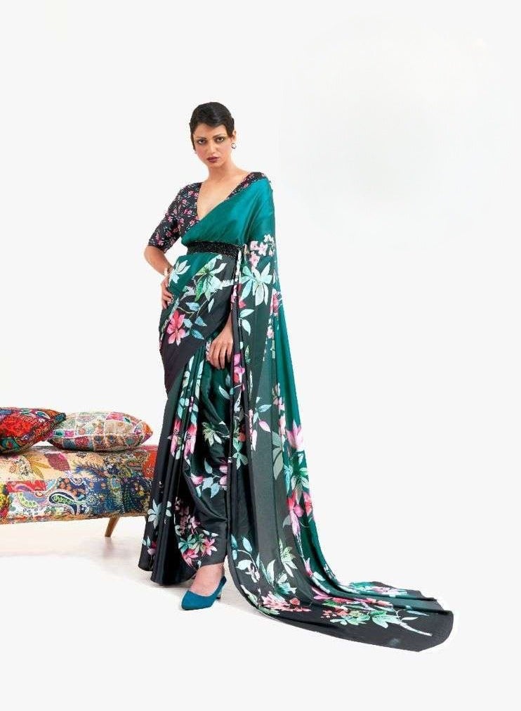 Grab Mantra Turquoise Green Saree With Floral Print Plus Unstitched Blouse 