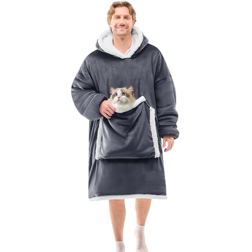 JOYWOO Oversized Wearable Blanket Hoodie,Cat lovers Long Hoodie Blanket for Adult,Birthday Gifts for Women Men Mom,Cozy Fuzzy Sherpa Fleece Sweatshirt Hooded Blanket with Giant Pocket Gifts, Grey - Image 1