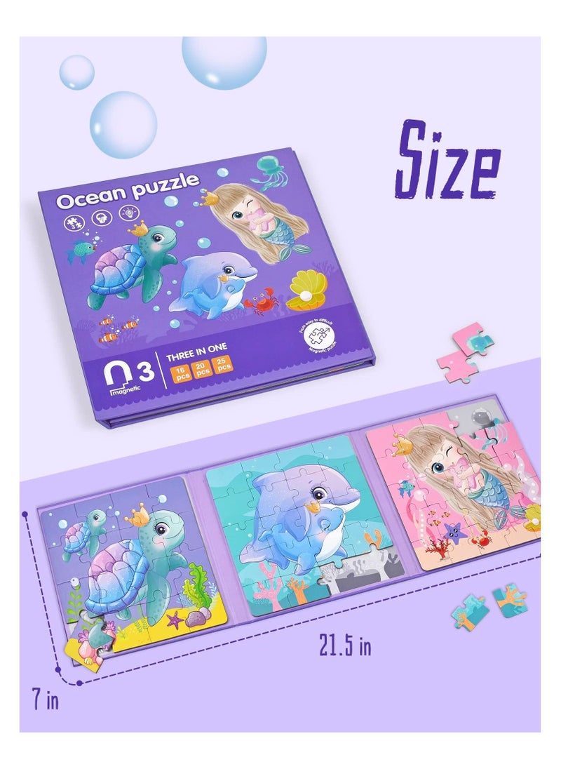 Magnetic Puzzles for Kids, 3 in 1 Jigsaw Puzzles for Toddlers Portable Travel Magnetic Puzzles for Kids 3-5 Years Old Ocean Mermaid Puzzles - Image 5