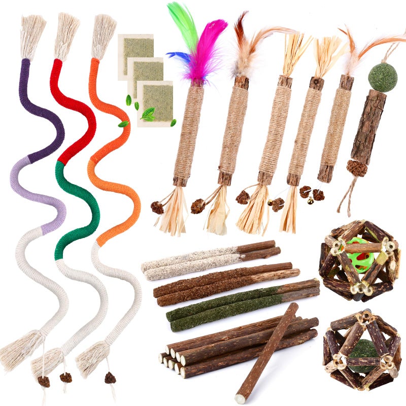 WOUSEDO 27 Pack Catnip Chew Toys for Cats,Cotton Sisal Rope Toys,Cat Natural Silvervine Sticks,for Cat Teeth Cleaning and Dental Care,Interactive Toy for Bored Indoor Cats - Image 1