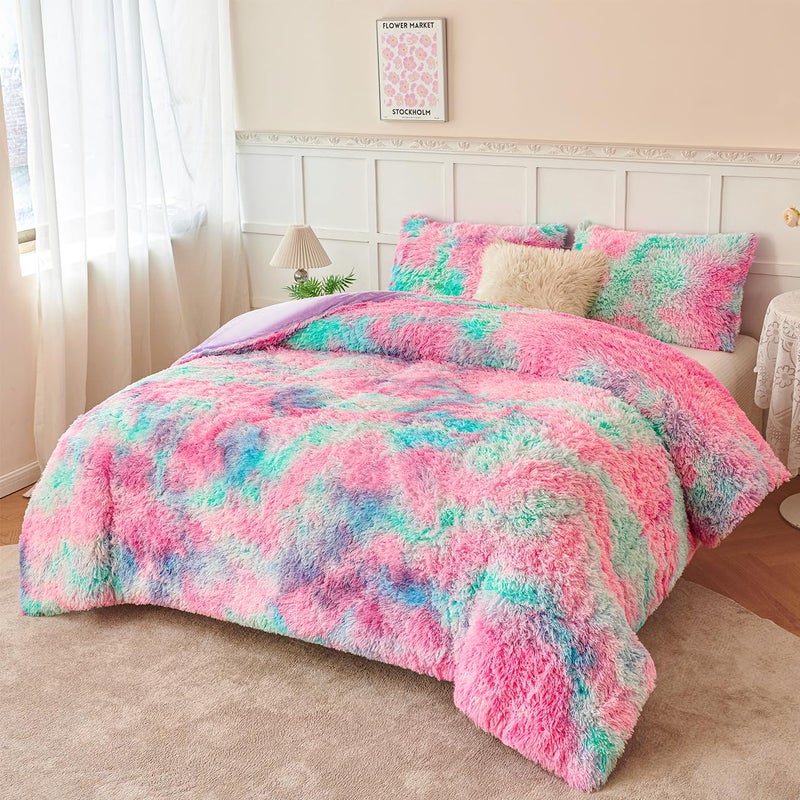 PERFEMET Fluffy Full Size Comforter Sets for Girls 3Pcs Luxury Soft Pink Blue Faux Fur Comforters for Kids Teens Warm Cozy Tie Dyed Velvet Fuzzy Plush Bedding Set(Pink Blue, Full) - Image 1