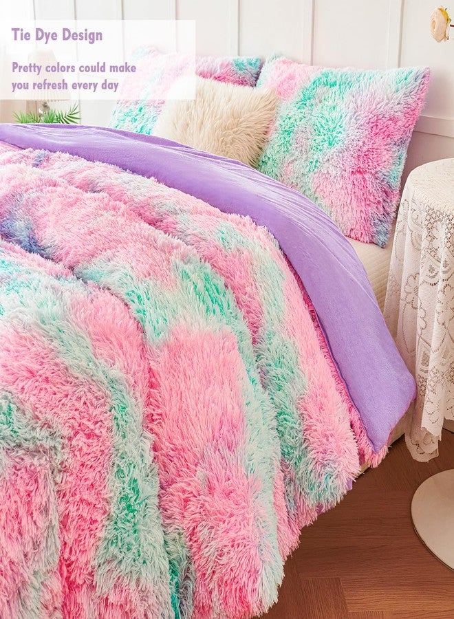 PERFEMET Fluffy Full Size Comforter Sets for Girls 3Pcs Luxury Soft Pink Blue Faux Fur Comforters for Kids Teens Warm Cozy Tie Dyed Velvet Fuzzy Plush Bedding Set(Pink Blue, Full) - Image 4