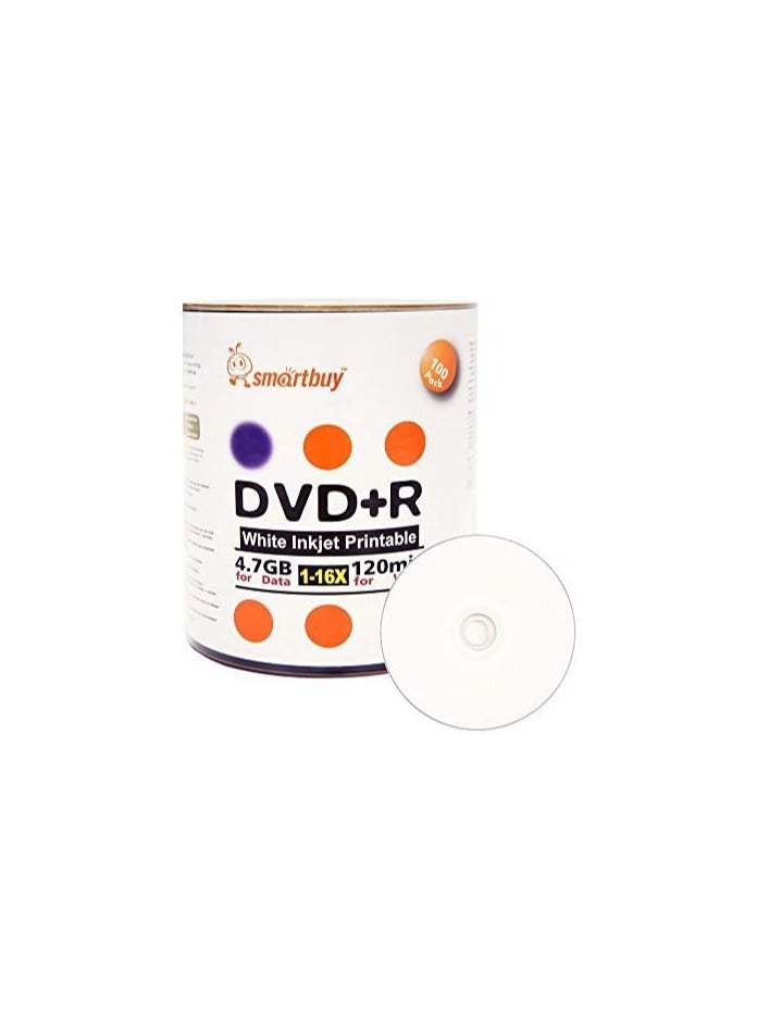 Smartbuy Smart Buy 100 Pack DVD+R 4.7gb 16x white Printable Inkjet Blank Media Record Disc, 100 Disc 100pk - Image 1
