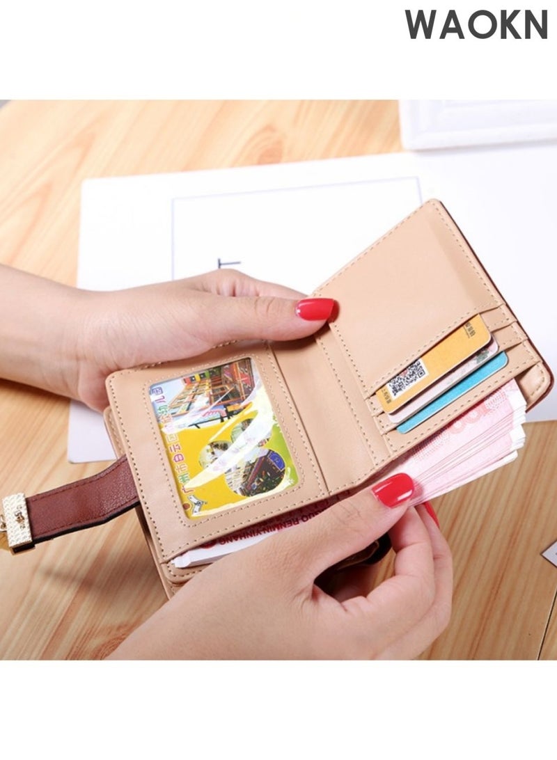 دبليو أيه أو كي أن محفظة صغيرة نساء RFID حجب الجلد محفظة مزدوجة حامل بطاقة الائتمان للنساء السيدات محفظة صغيرة المدمجة مع جيب السحاب ، مناسبة للعمل والتسوق والسفر ، 10 * 11.7 * 3 سم ، بني. - Image 4
