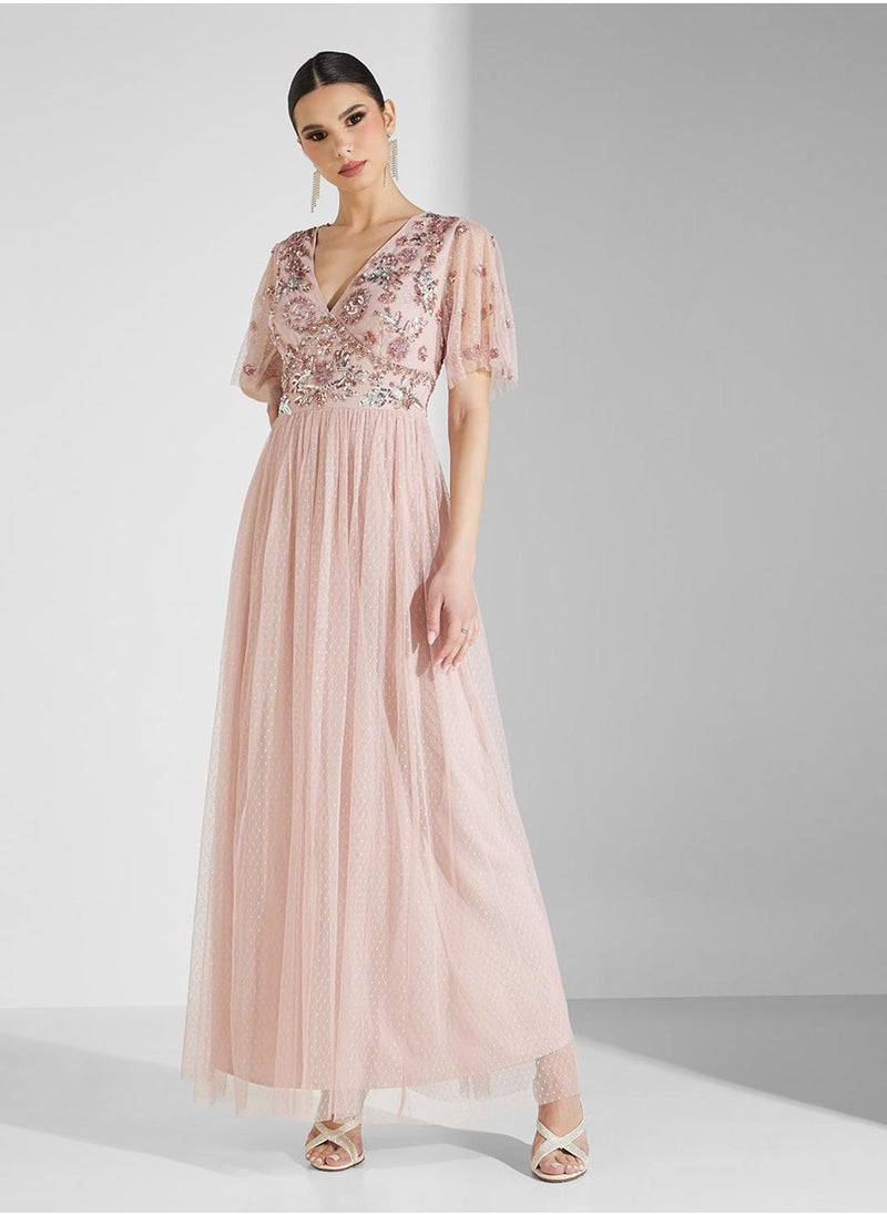 Maya Contrast Embellished V Neck Spot Mesh Maxi Dress  - Image 4