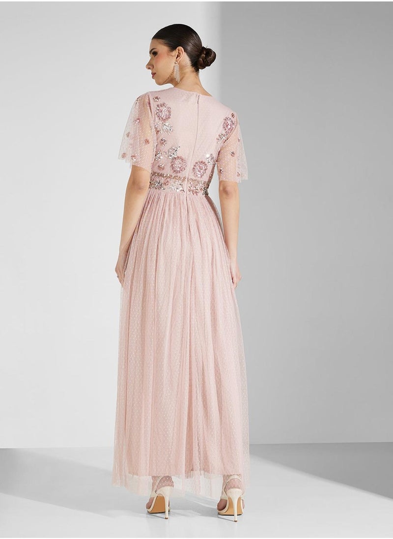 Maya Contrast Embellished V Neck Spot Mesh Maxi Dress  - Image 2