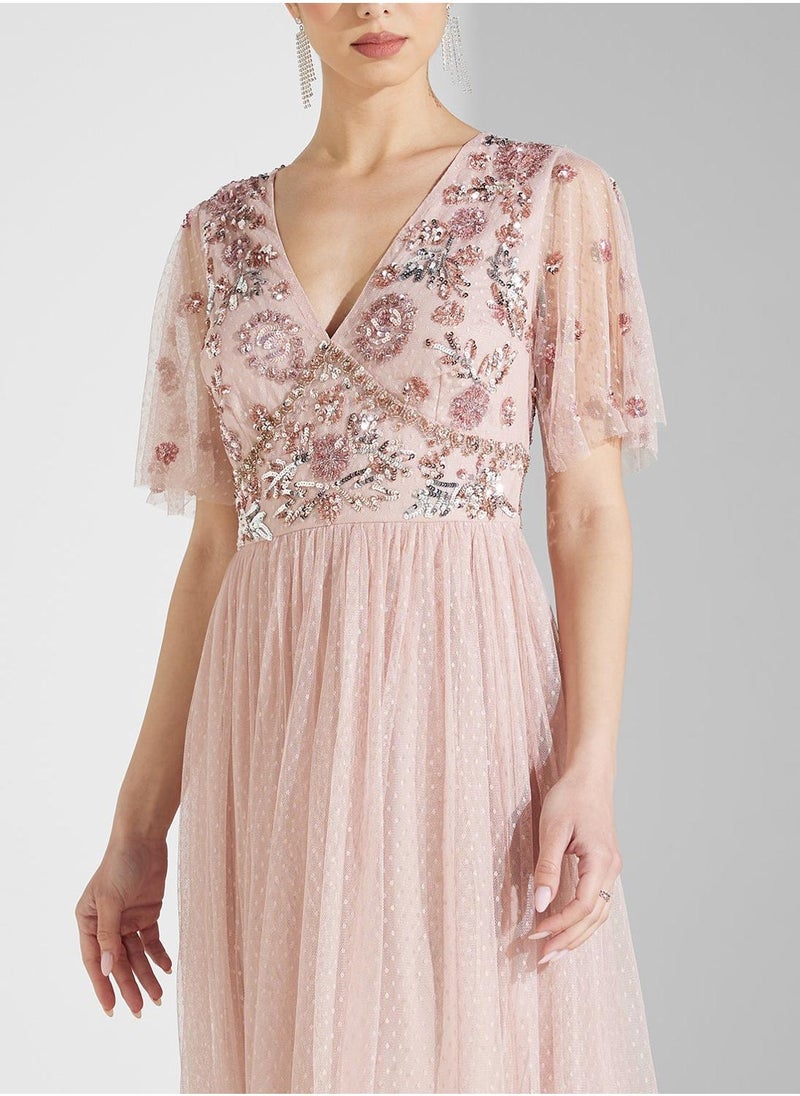 Maya Contrast Embellished V Neck Spot Mesh Maxi Dress  - Image 3