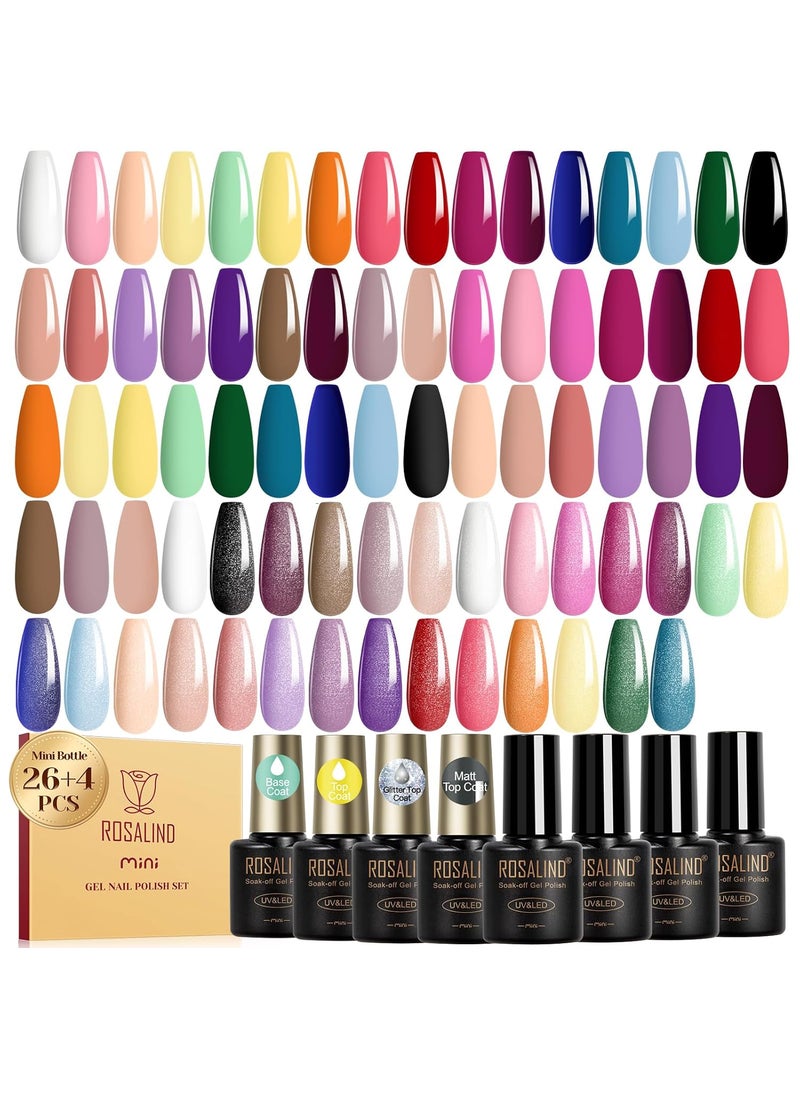 Rosalind ROSALIND 30pcs Gel Nail Polish Set, 26 Colors Gel Polish with 4Pcs Base and Glossy Matte Glitter Top Coat All Seasons Nude Blue Red Nails art Kit DIY Salon at Home 