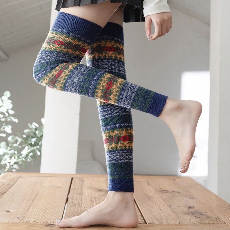 Autumn Winter Warm Knee-High Socks Woolen Leg Warmers Women Dark blue  - Image 1
