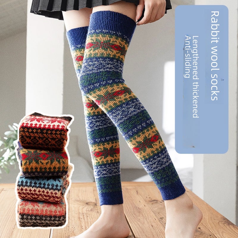 Autumn Winter Warm Knee-High Socks Woolen Leg Warmers Women Dark blue  - Image 3