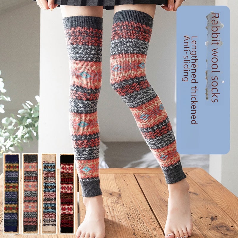 Autumn Winter Warm Knee-High Socks Woolen Leg Warmers Women Dark blue  - Image 4