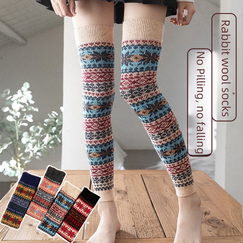 Autumn Winter Warm Knee-High Socks Woolen Leg Warmers Women Dark blue  - Image 5