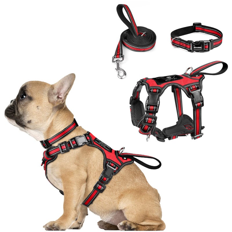 WINSEE Pet Harness Collar and Leash Set Allinone Reflective Dog Harness No Pull with Adjustable Buckles for Puppies Small Medium Large and ExtraLarge Dogs Small Red